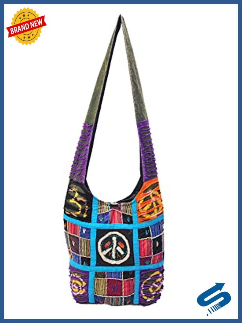 Boho Crossbody Bag Handmade Upcycled Cotton Tote with XL Strap